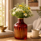 Pure Source India Amber Glass Flower Vase – 9 Inch Decorative Ribbed Bottle Vase for Home Decor, Modern Centerpiece for Living Room, Dining Table & Office