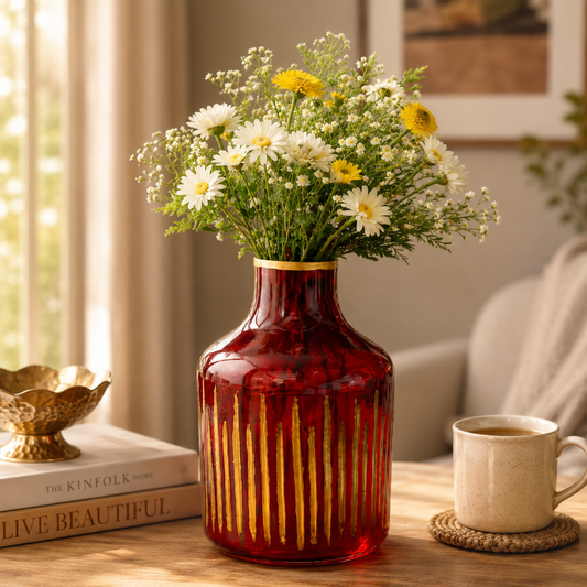 Pure Source India Amber Glass Flower Vase – 9 Inch Decorative Ribbed Bottle Vase for Home Decor, Modern Centerpiece for Living Room, Dining Table & Office