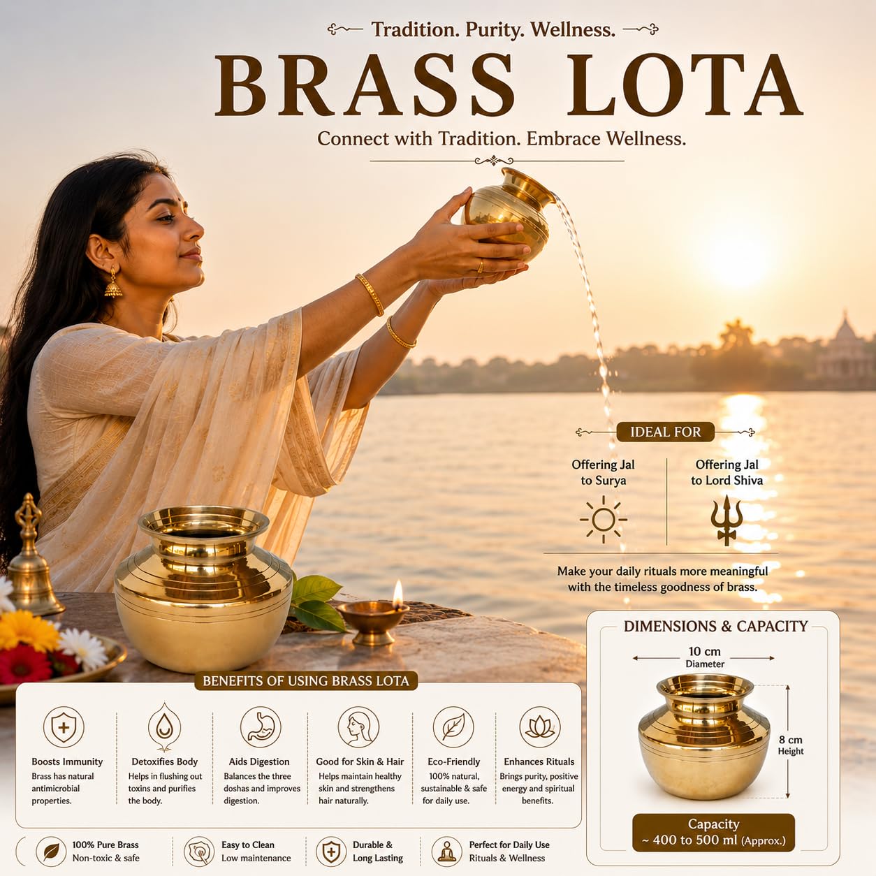 Pure Source India Brass Lota for Puja | Brass Kalash 500 ML | 4 Inch Gold Finish Traditional Pooja Lota | Hindu Religious Pooja Item for Home Temple & Decoration