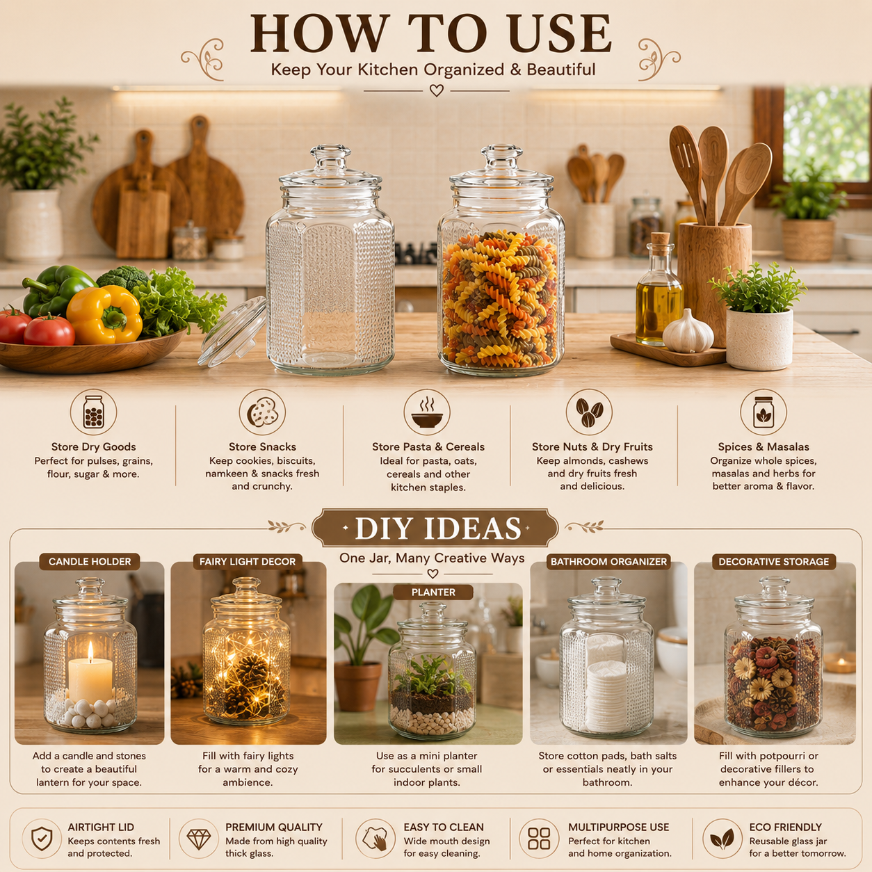 Pure Source India 2 Ltr Glass Jar Container With Air Tight Lid, Capacity  Suitable Dry Fruits, Snacks, Pulses, Beans Clear