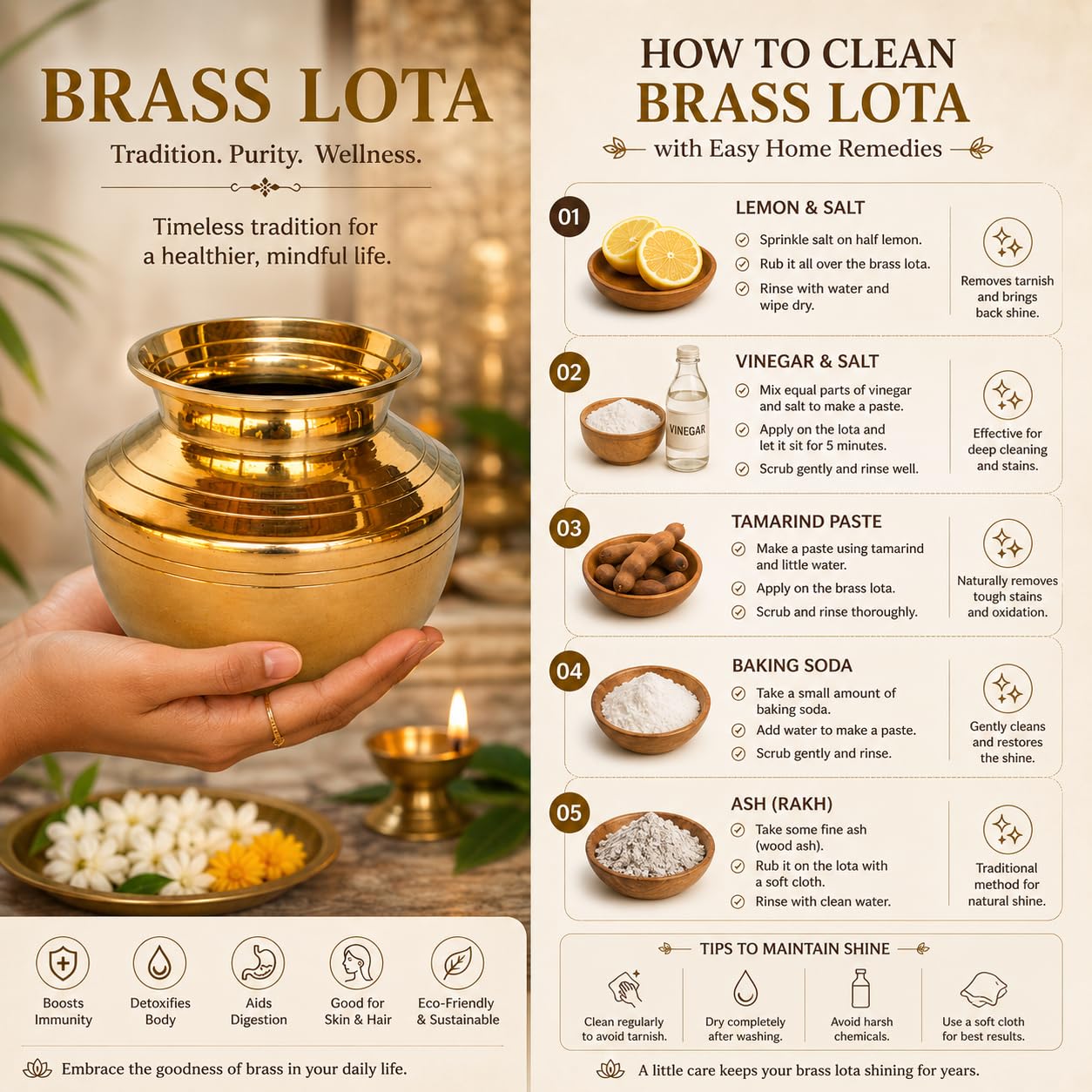 Pure Source India Brass Lota for Puja | Brass Kalash 500 ML | 4 Inch Gold Finish Traditional Pooja Lota | Hindu Religious Pooja Item for Home Temple & Decoration