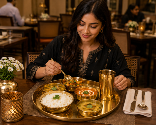 Pure Source India Kansa Solid Thali Set for Home, Kitchen, Dinning Table, Hotel & Gifting Purpose Set of 6 (Gold)