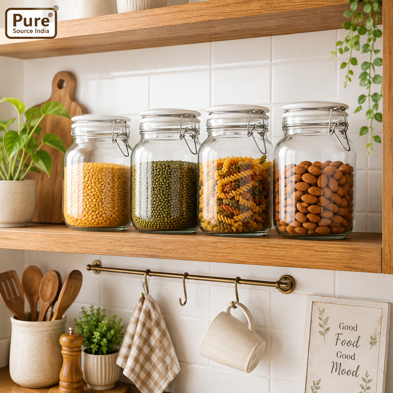 Pure Source India Glass Jar 1.5 LTR, Air Tight Jar With Stainless Steel Clamp Lid & Silicone Seal Kitchen Storage Jar with Air Tight Seal for Rice Pasta Pickling Food (White Rim)