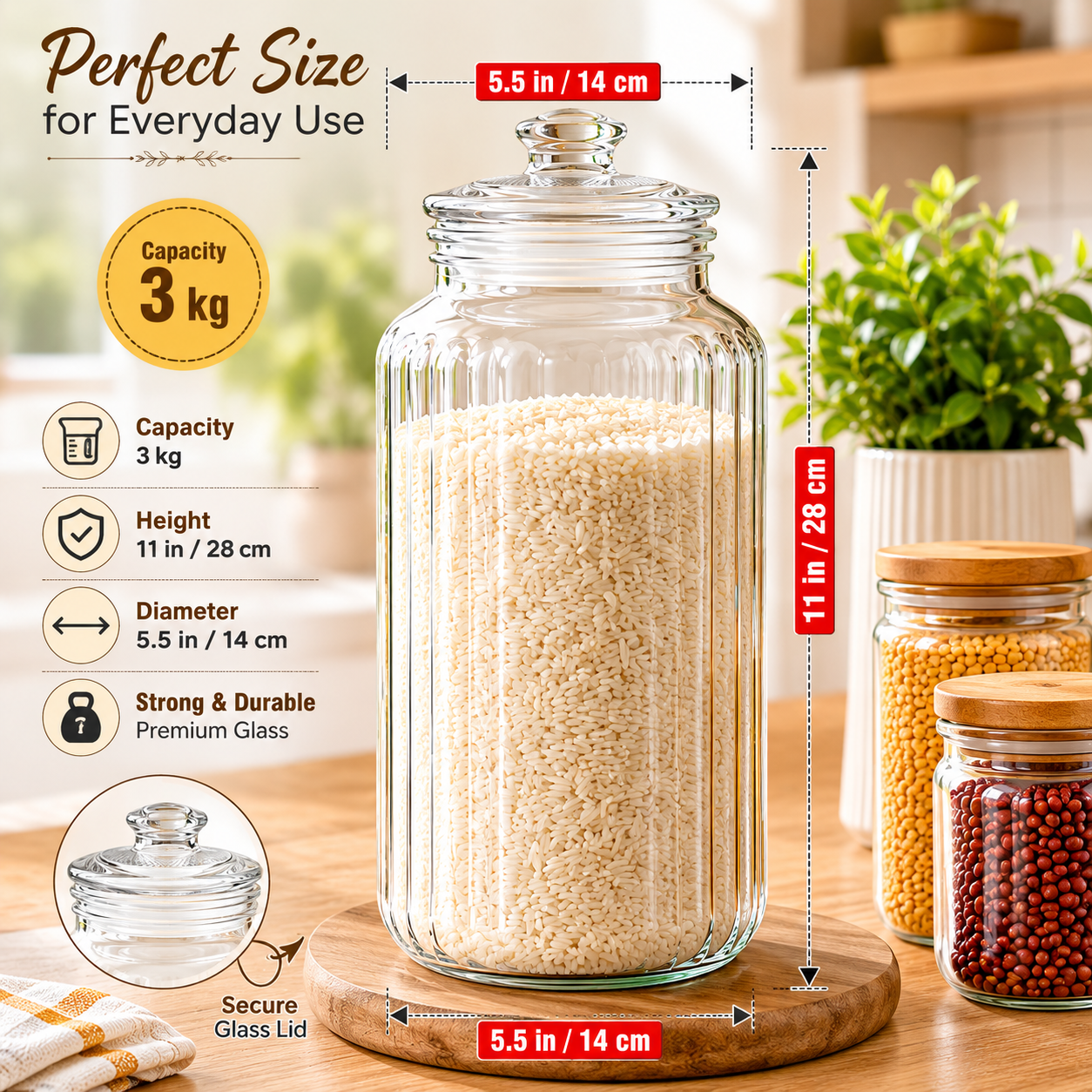 Pure Source India 3 Ltr Glass Jar Container With Air Tight Lid, Capacity