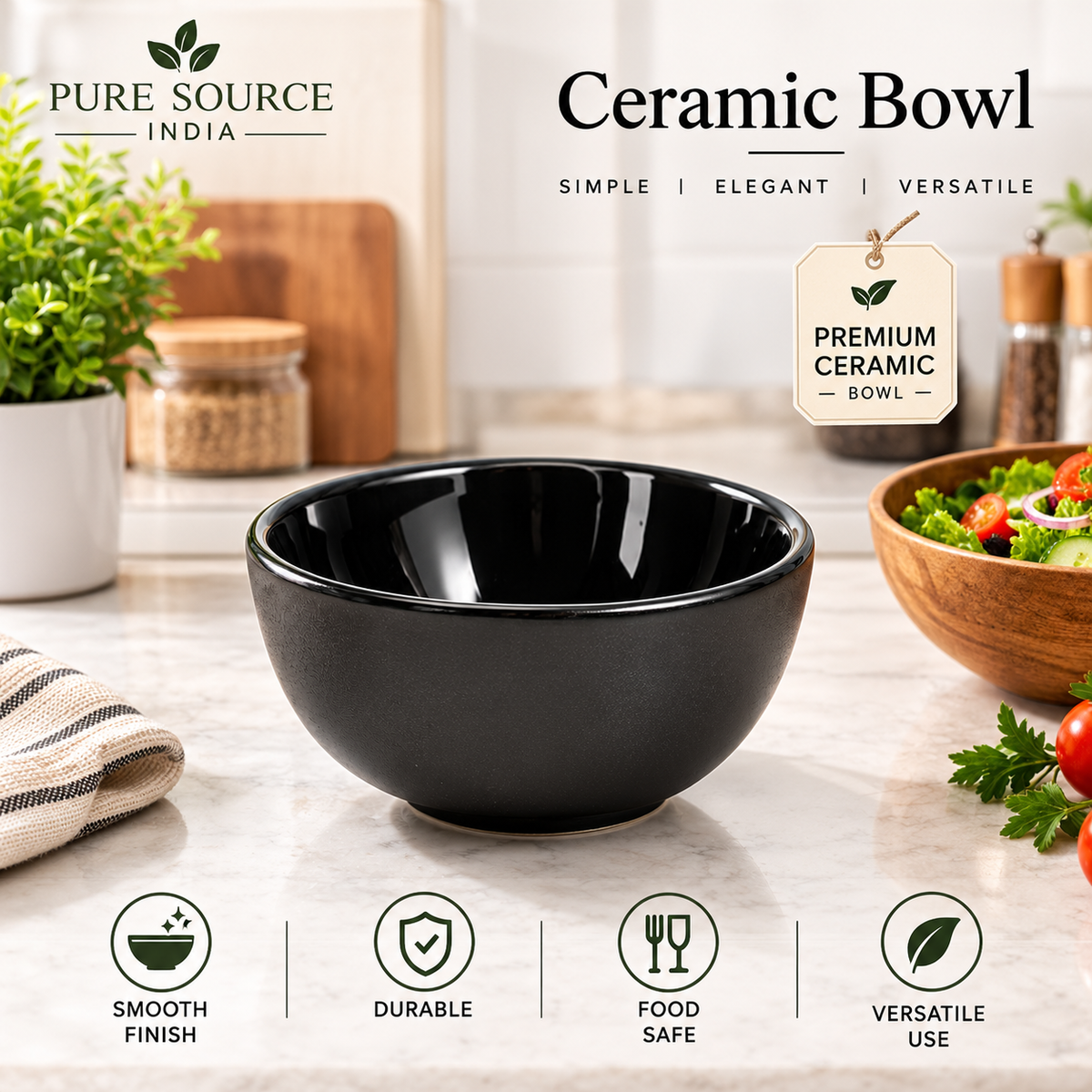 Pure Source India 200ml Black Ceramic Bowl for Serving & Dining | Premium Ceramic Serving Bowl | Food-Safe Kitchen Bowl
