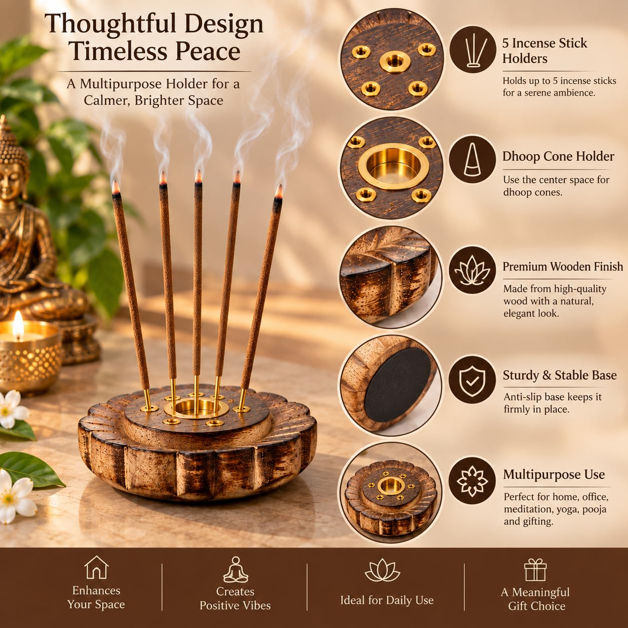 Pure Source India Lotus Design Wooden Incense & Dhoop Cone Holder | 5 Stick Agarbatti Stand for Pooja Room