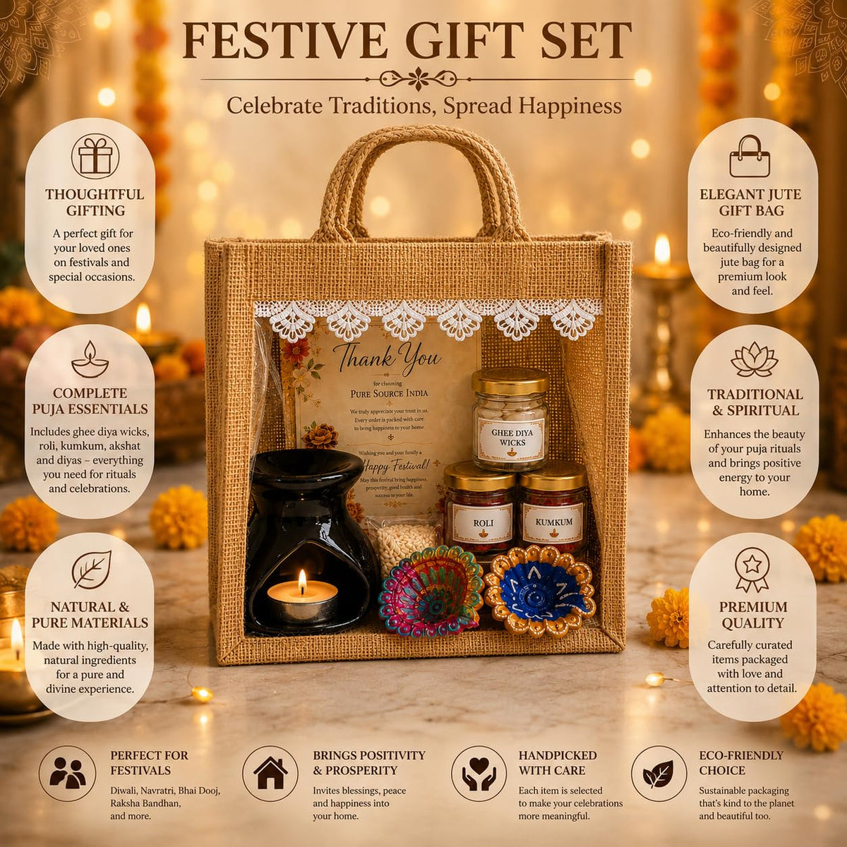 Pure Source India Diwali Pooja Gift Set with Roli Kumkum & Ghee Wicks (Black)