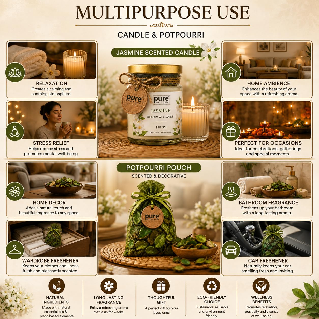 Pure Source India Luxury Festive Gift Box Hamper with Jasmine Scented Candles & Green Potpourri| Premium Gift Set