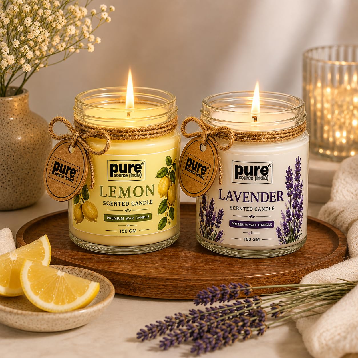 Pure Source India Scented Jar Candle Set of 2 (Lemon & Lavender) | 150 g Each | Premium Wax Candles | 35–40 Hours Burn Time | Aromatherapy Candles for Home Decor, Diwali, Bedroom, Spa & Gifting
