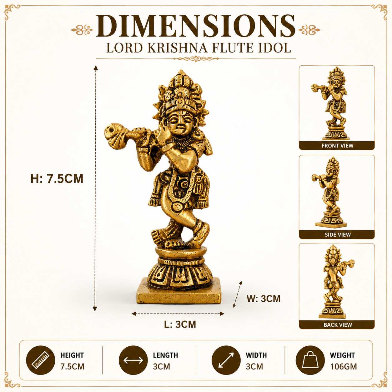 Pure Source India Pure Brass Lord Krishna Idol with Flute (7.5 cm) | Shree Lord Krishna Statue for Home Decor, Office Desk | Gift for House Warming (106 gm)