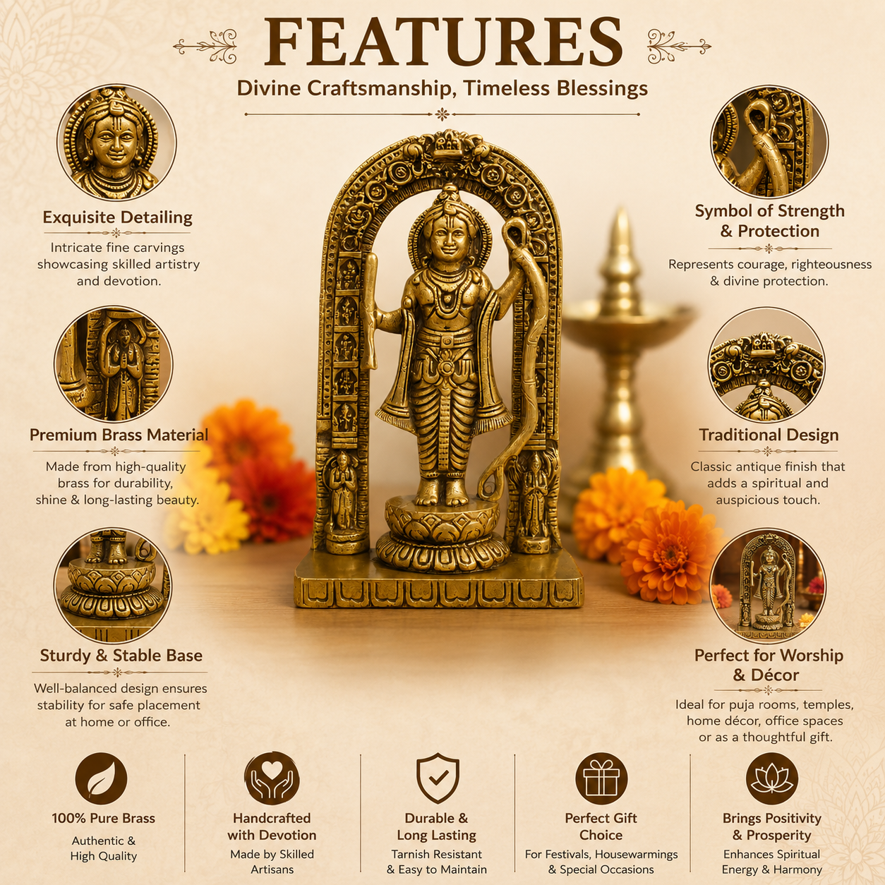 Brass Lord Rama Idol 6.5 Inch | Ram Ji Murti for Mandir, Pooja, Home Office Decoration, Gift Purpose and Festivals & Religious Gifts