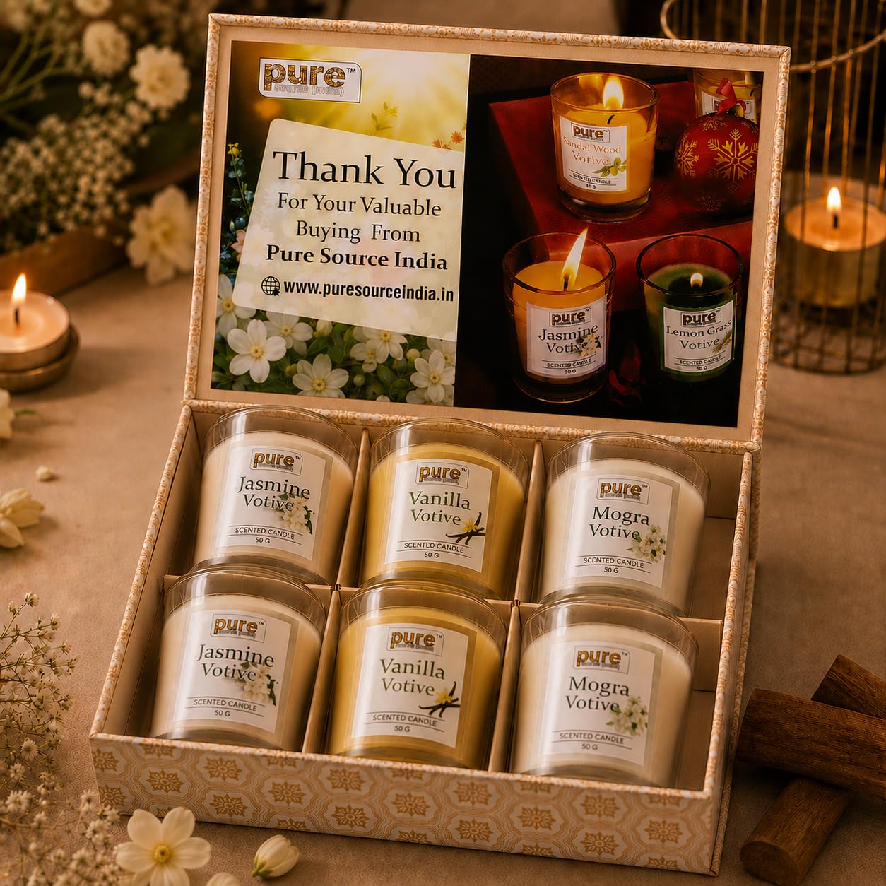 Pure Source India Premium Scented Candle Gift Box Set of 6 (50g Each) | for Home Décor, Diwali, Bedroom, Spa, Meditation & Gifting (Jasmine, Vanilla & Mogra)