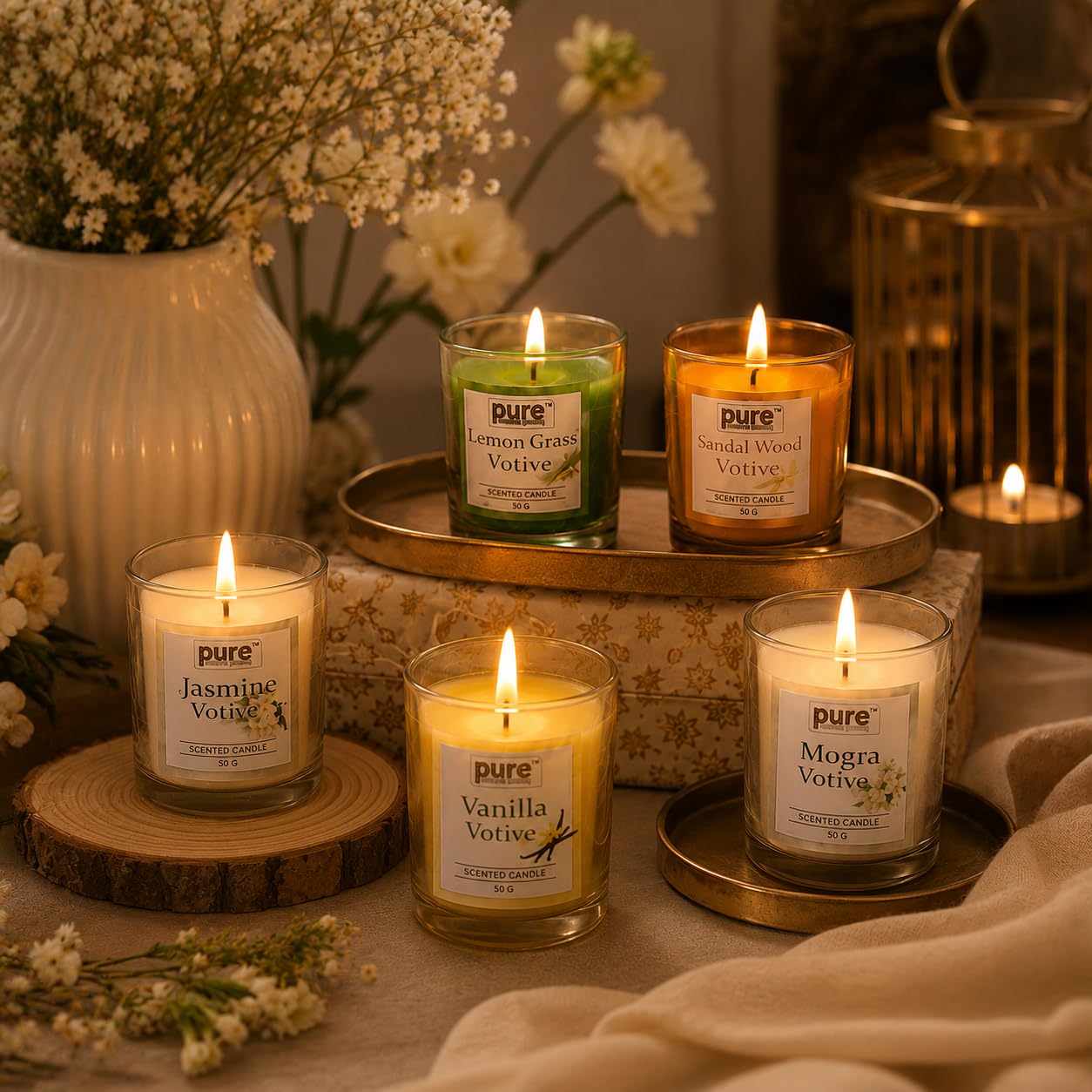 Pure Source India Premium Scented Candle Gift Box Set of 6 (50g Each) | for Home Décor, Diwali, Bedroom, Spa, Meditation & Gifting (Jasmine, Vanilla & Mogra)