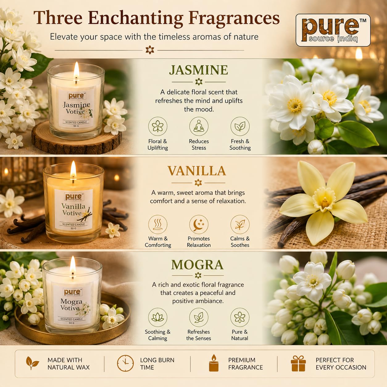 Pure Source India Premium Scented Candle Gift Box Set of 6 (50g Each) | for Home Décor, Diwali, Bedroom, Spa, Meditation & Gifting (Jasmine, Vanilla & Mogra)