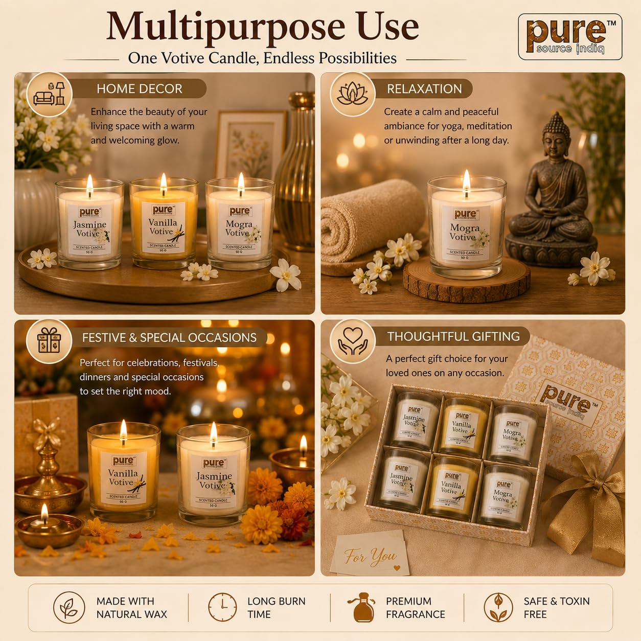 Pure Source India Premium Scented Candle Gift Box Set of 6 (50g Each) | for Home Décor, Diwali, Bedroom, Spa, Meditation & Gifting (Jasmine, Vanilla & Mogra)