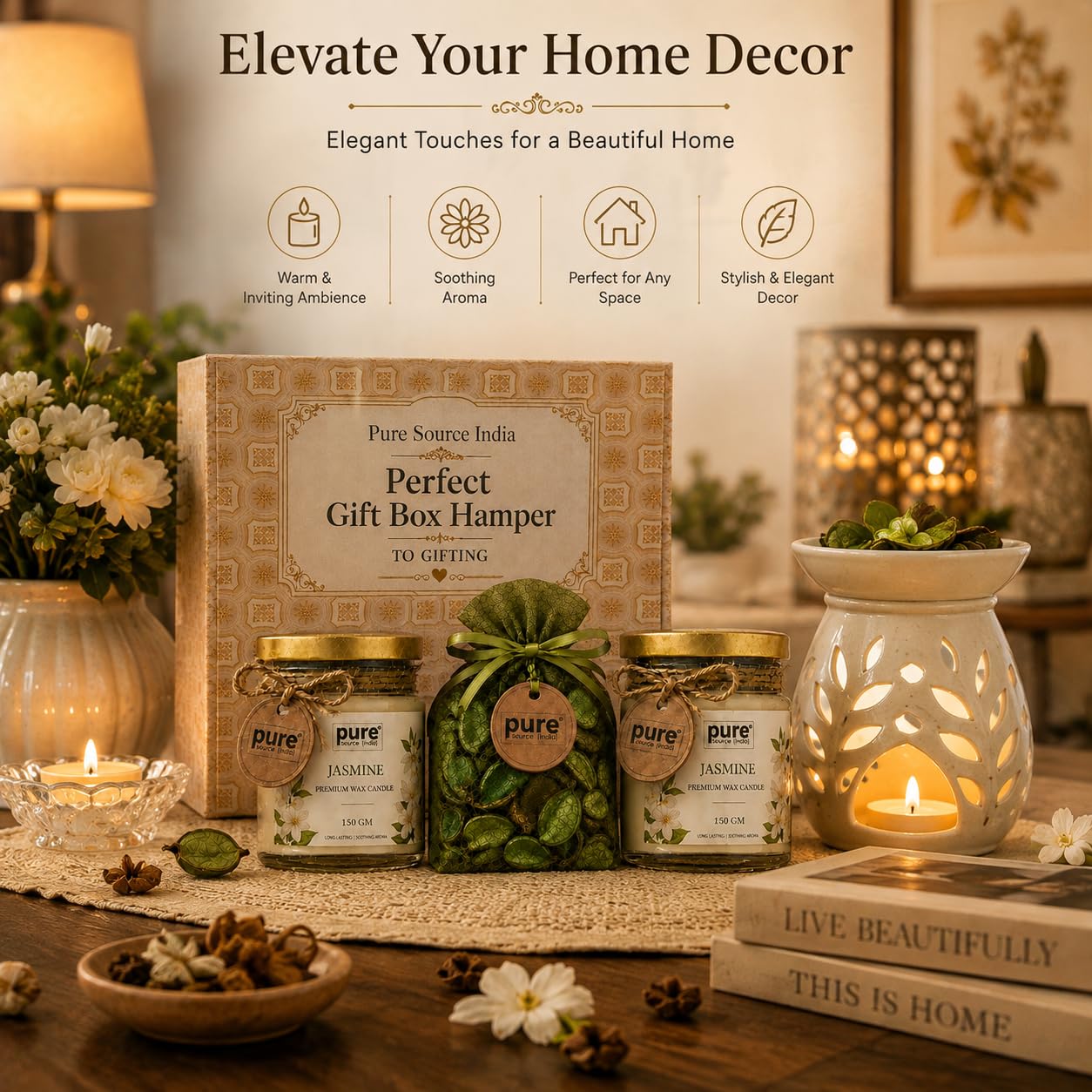 Pure Source India Luxury Festive Gift Box Hamper with Jasmine Scented Candles & Green Potpourri| Premium Gift Set