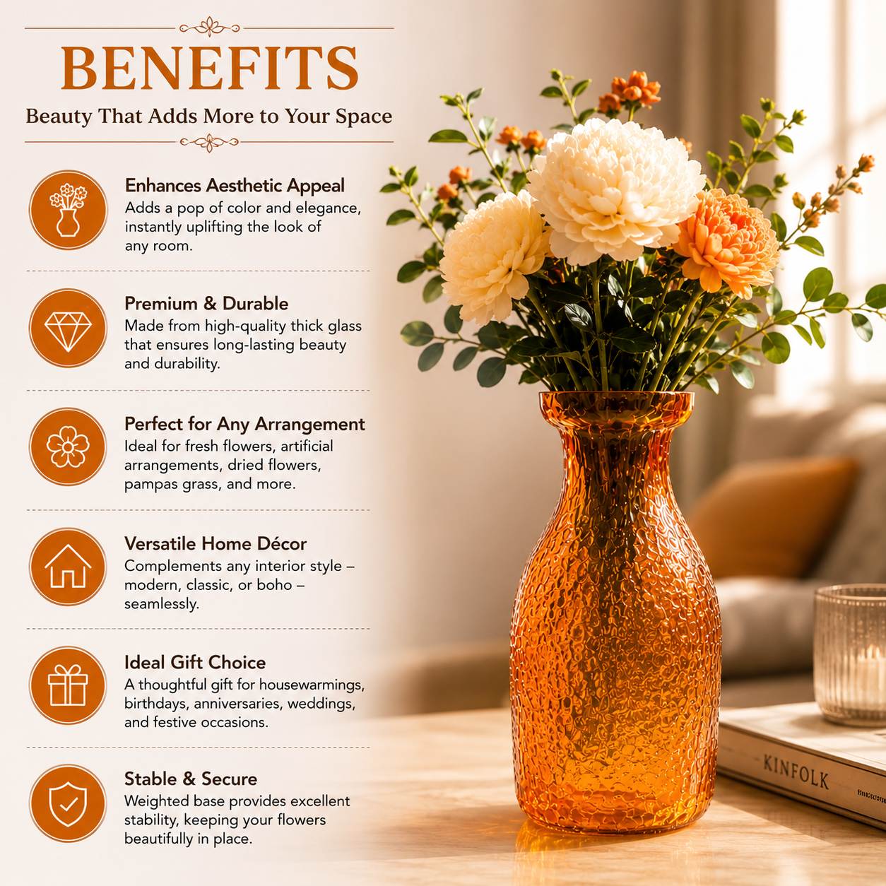 Pure Source India Elegant Orange Textured Glass Flower Vase – Decorative Bubbled Design, Modern Home Décor Accent, Table Centerpiece
