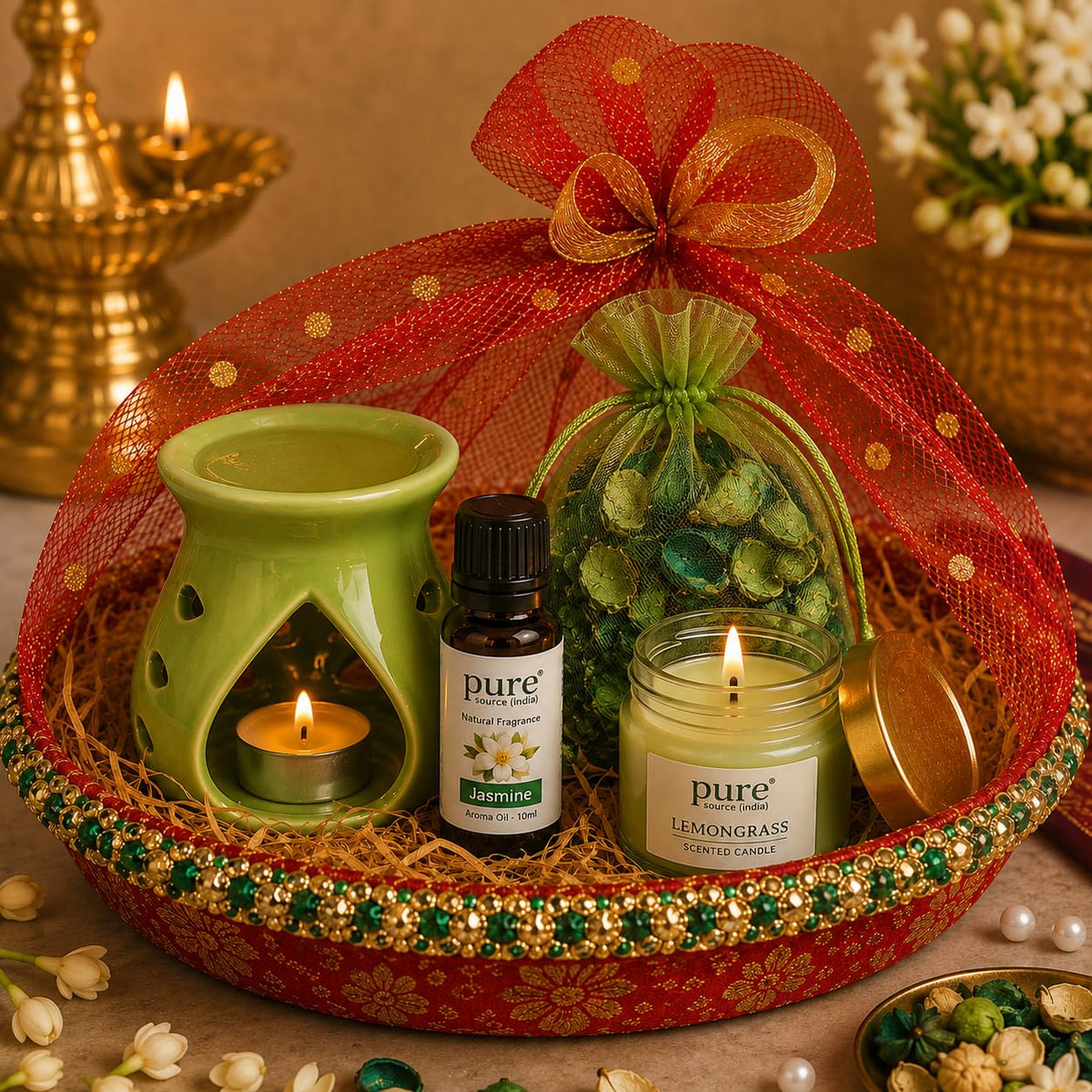 Pure Source India Diwali Gift Set with 97 Green Aroma Burner, Aroma Oil, Scented Candle & Potpourri Potli | Festive Home Fragrance Gift Hamper