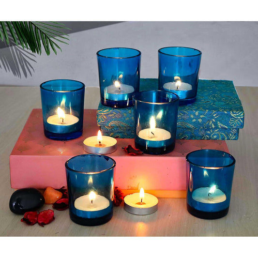 Pure Source India Set of 6 Blue Glass Votive Tealight Candle Holders - Living Room Side Table Home Decoration (Glass)