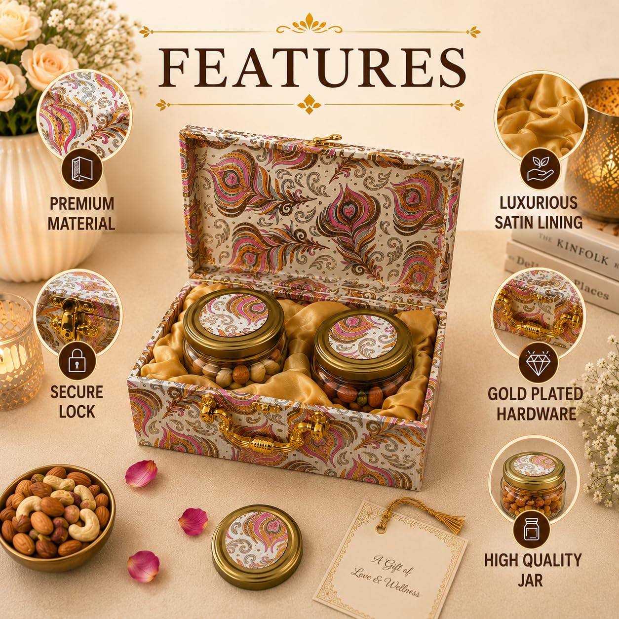 Pure Source India Empty Dry Fruit Gift Box with 2 Airtight Glass Jars | Luxury Hamper Box with Satin Lining | Reusable for Dry Fruits, Wedding, Diwali, Rakhi & Corporate Gifts