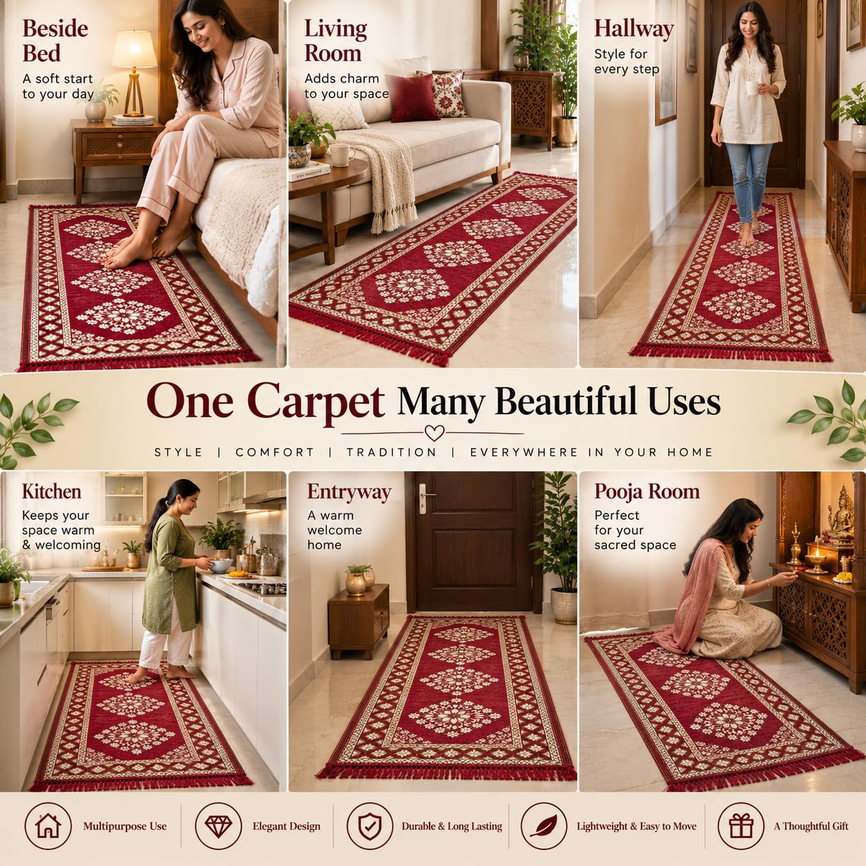 Pure Source India Maroon Cotton Yoga Mat for Women and Men, 2X6 feet, 3mm thick, Light Weight, Machine Washable, Home Exercise