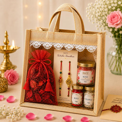 Pure Source India Raksha Bandhan Gift Hamper for Brother | Premium Jute Gift Bag with 2 Designer Rakhi, Scented Candle, Potpourri, Roli & Chawal