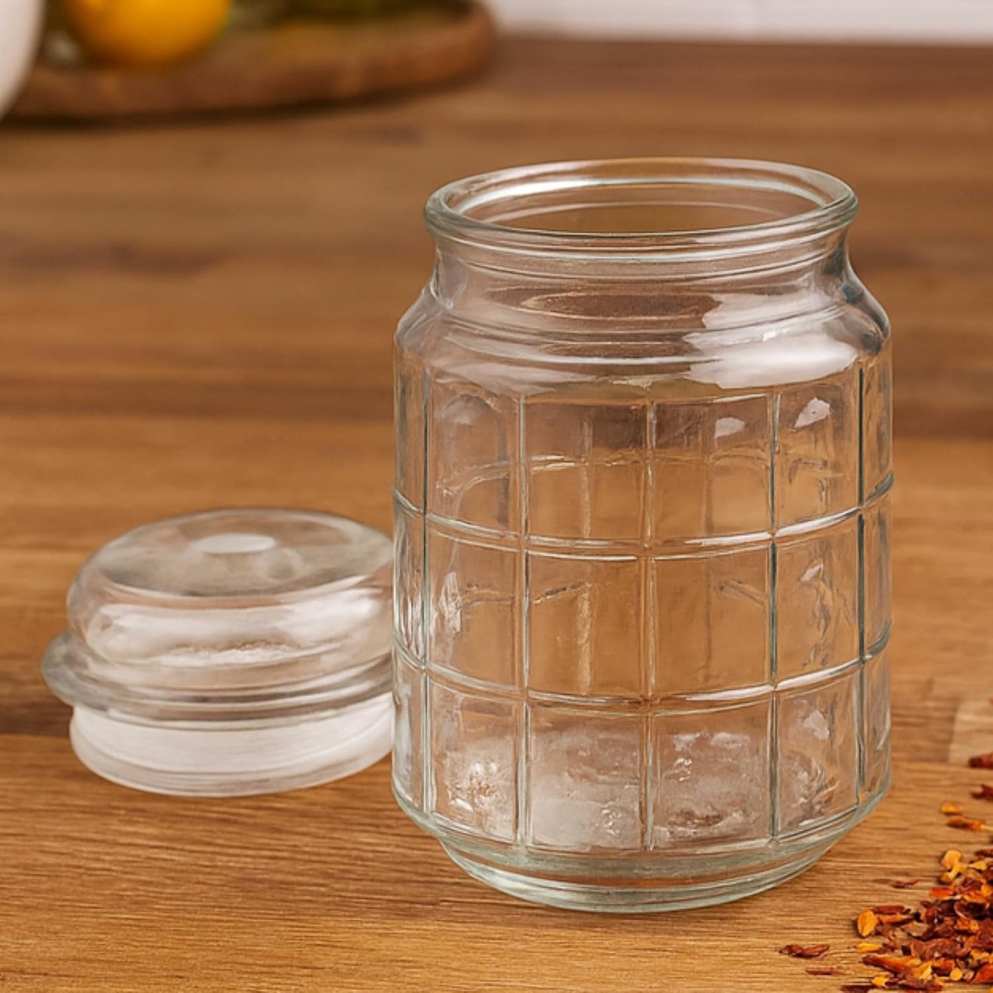 Pure Source India 500ml Glass Jar with Airtight Lid | Square Pattern Design | Kitchen Organizer for Spices, Pickles, Dry Fruits, Sugar & Snacks