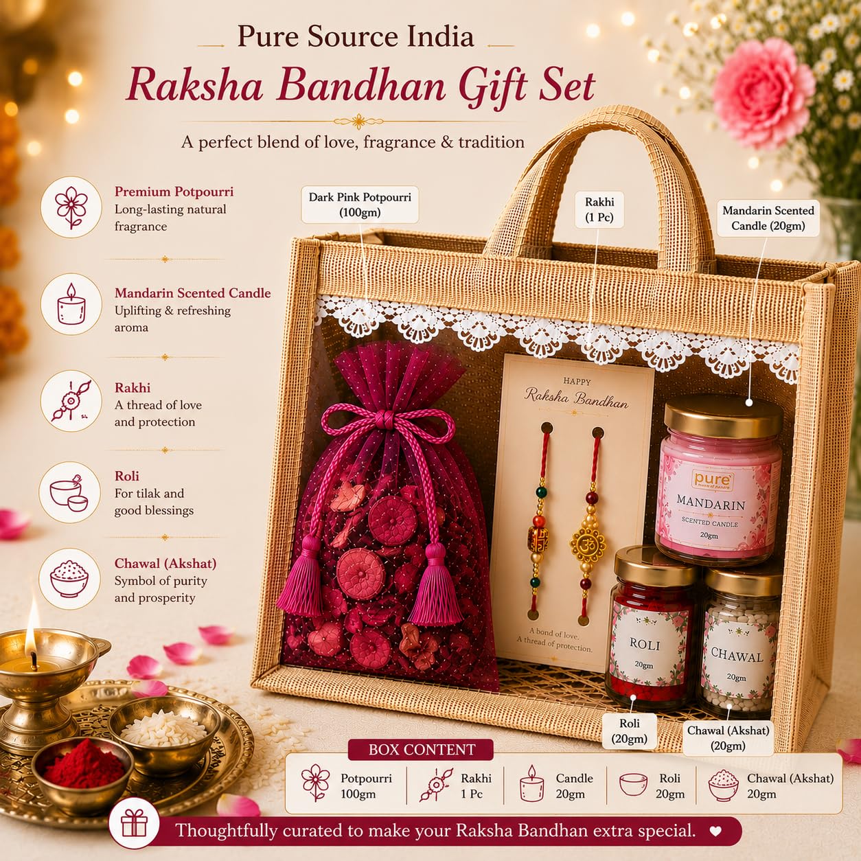 Pure Source India Raksha Bandhan Gift Hamper for Brother | Premium Jute Gift Bag with 2 Designer Rakhi, Mandarin Scented Candle, Pink Potpourri, Roli & Chawal