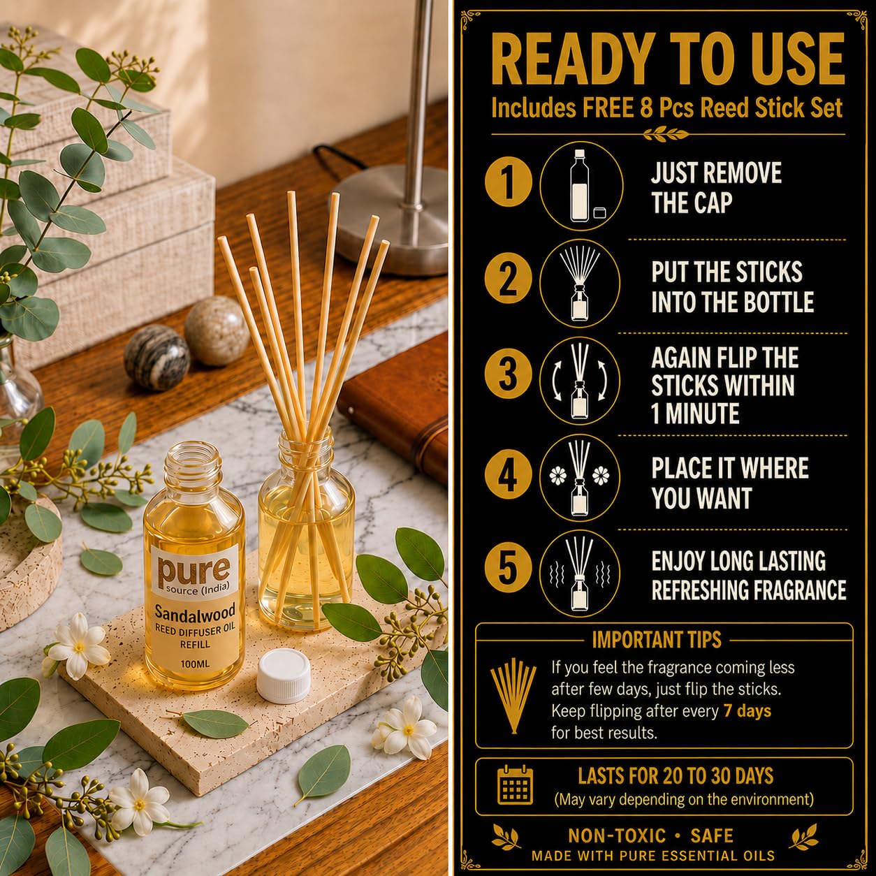 Pure Source India 100ML Sandalwood  Aroma Reed Diffuser Refill , 8 Pcs Reed Stick Coming Free With This Reed Diffuser Oil