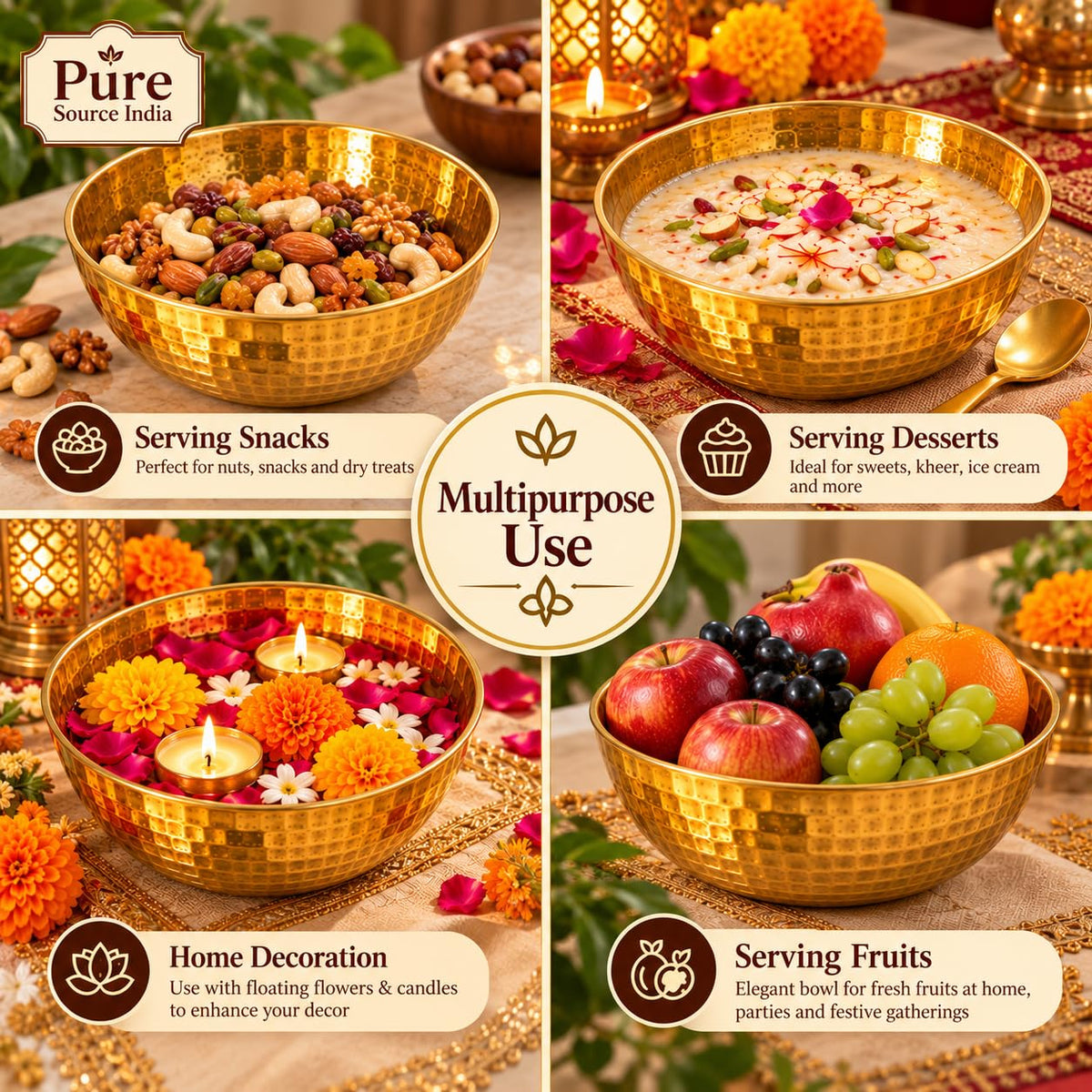 Pure Source India Brass Hammered Bowls Gift Set of 2 for Diwali, Housewarming, Pooja & Festive Gifting