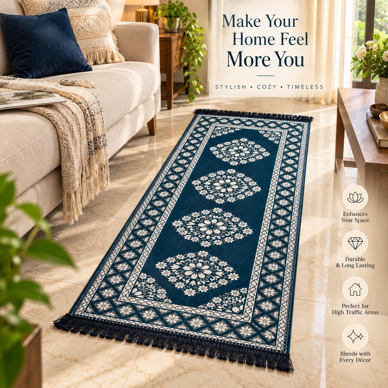 Pure Source India Blue Cotton Yoga Mat for Women and Men, 2X6 feet, 3mm thick, Light Weight, Machine Washable, Home Exercise