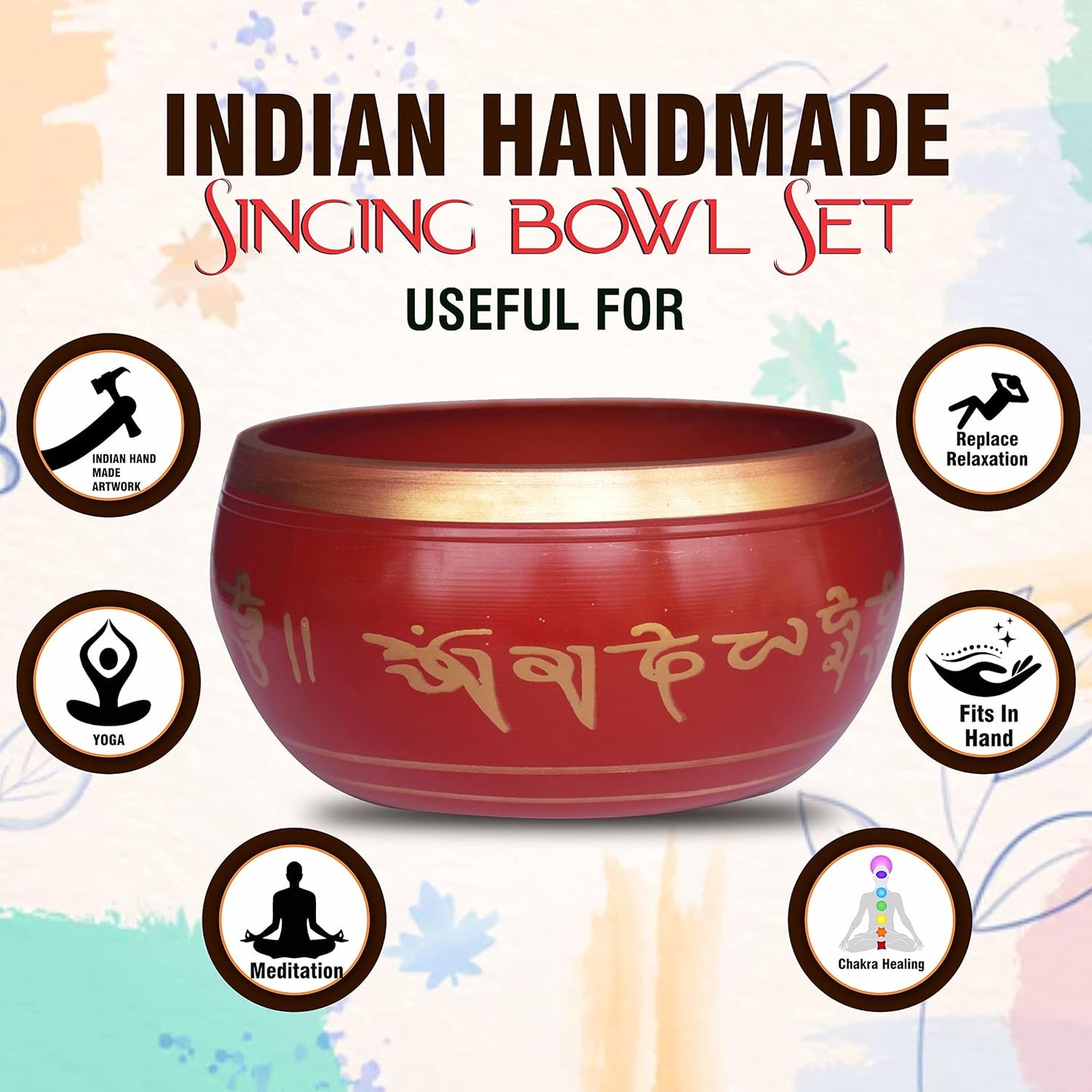 Pure Source India 5 Inch Brass Singing Bowl with Striker | Tibetan Buddhist Meditation Bowl | OM Bowl & Prayer Bell for Meditation, Pooja, Yoga & Music Therapy – Red