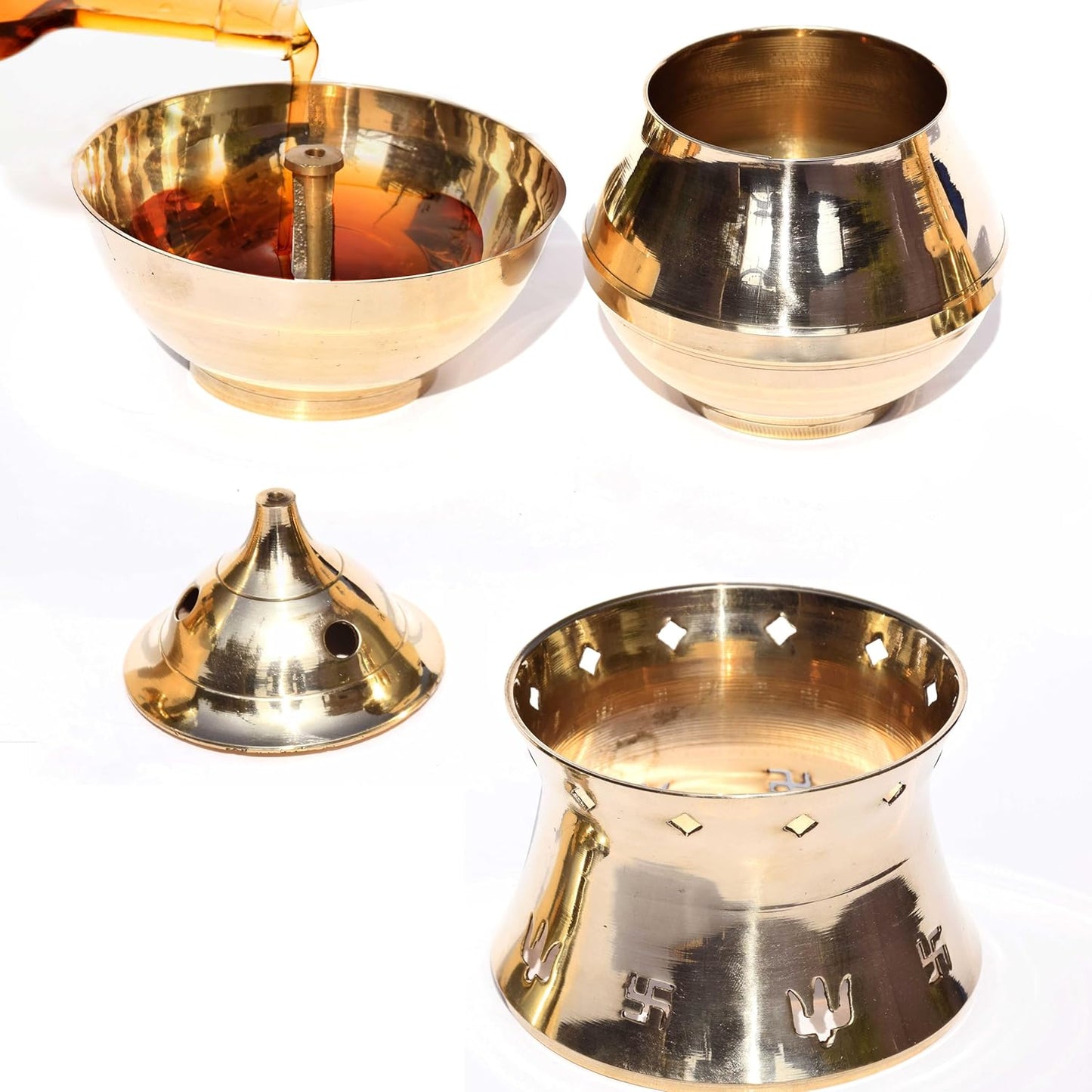 Brass Kapoor dani with Night lamp, Aroma Diffuser, Bakhoor dani,Camphor Burner (19.5 CM Gold)