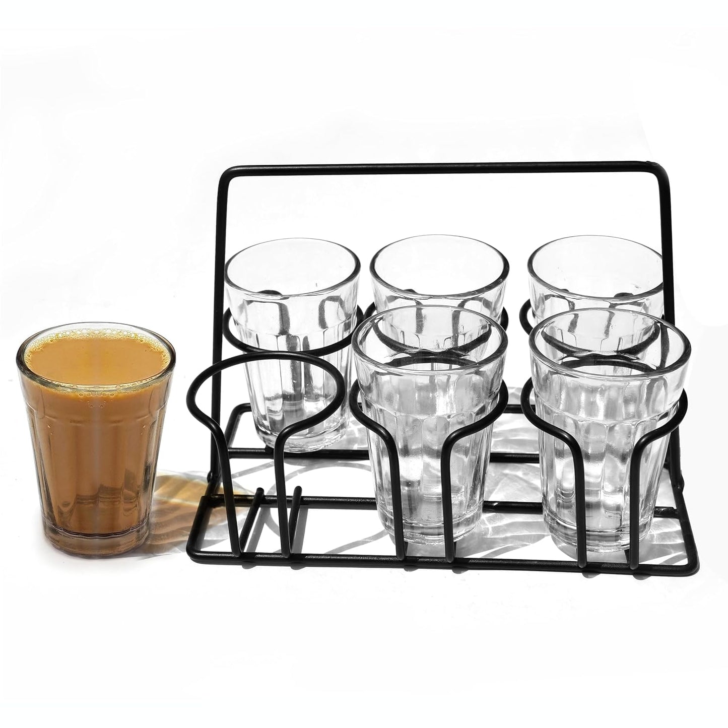 Pure Source India Cutting Chai Glasses with Iron Stand, Set of 6 | 120ml Transparent Tea Glasses for Home, Kitchen, Café, Restaurant & Dhaba | Chai Cups for Serving Tea & Coffee