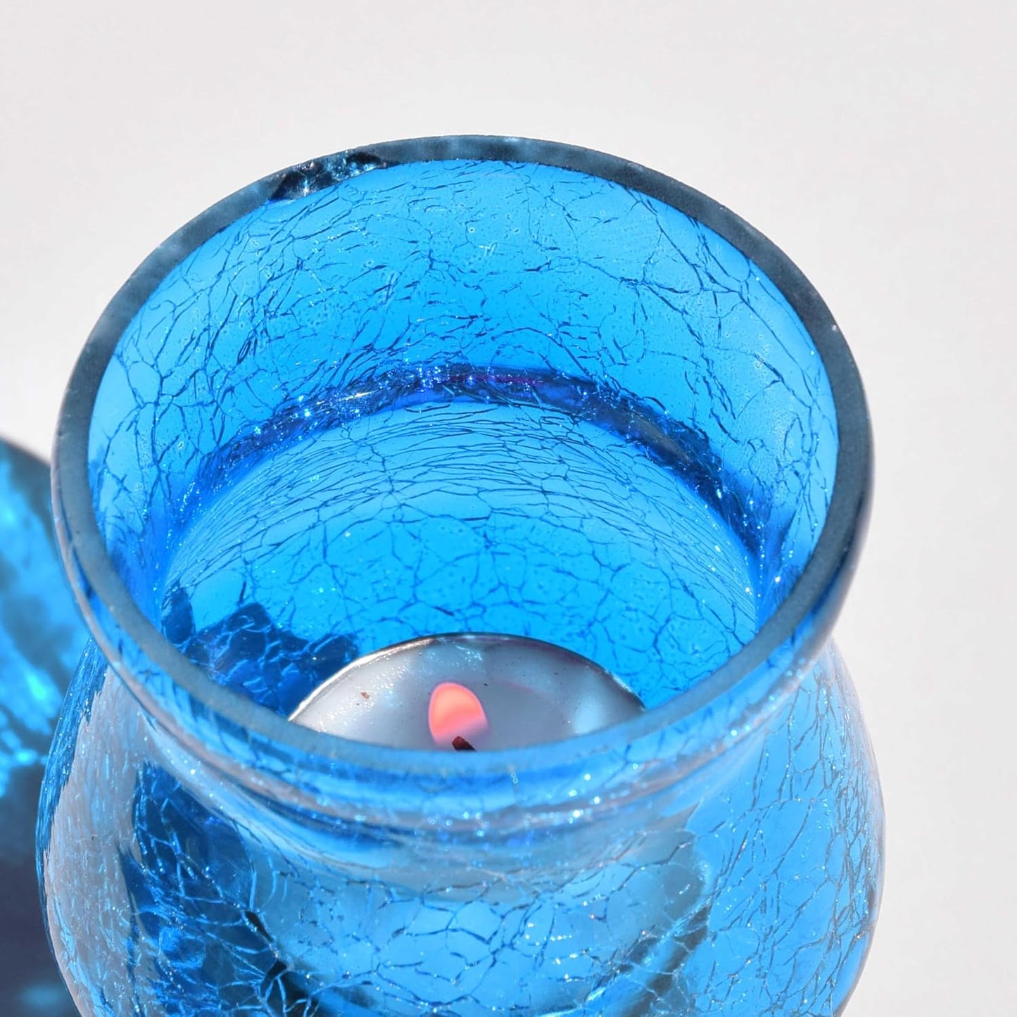 Pure Source India Sky Blue Crackle Glass Tea Light Candle Holder/Crackle Votive for Home Decoration