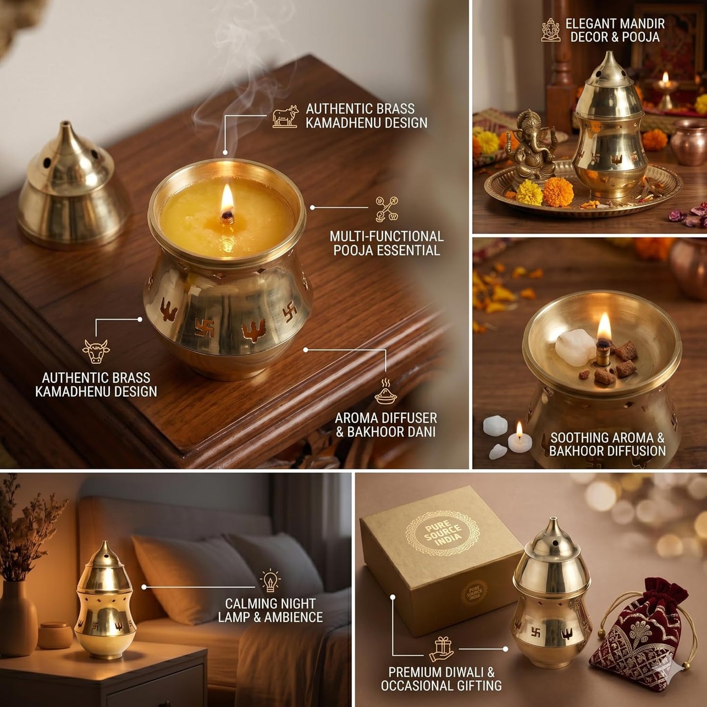 Brass Kapoor dani with Night lamp, Aroma Diffuser, Bakhoor dani,Camphor Burner (19.5 CM Gold)