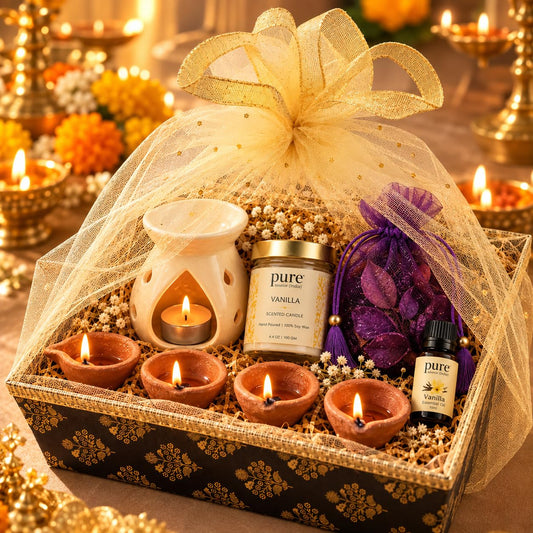 Pure Source India Diwali Corporate Gift Hamper | Premium White Aroma Burner, Candle, Essential Oil, Potli & 3 Diyas