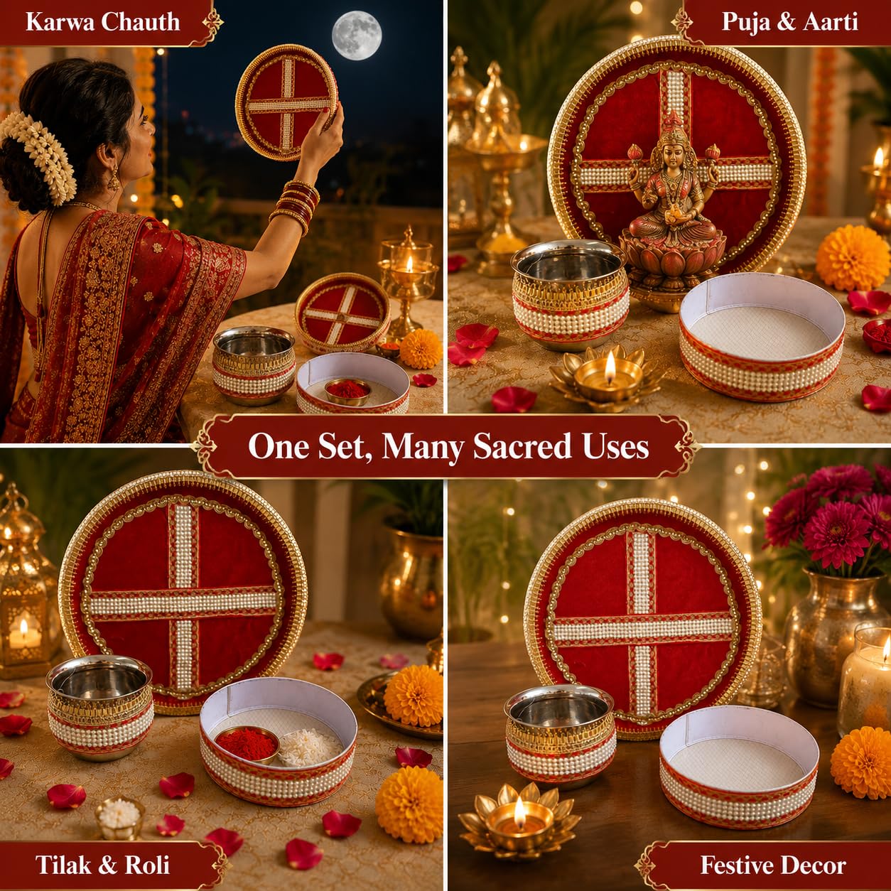 Pure Source India Handmade White Bead Embellished Karwa Chauth Pooja Thali Set, Steel Channi (Sieve), Karwa Lota | Traditional Karva Chauth Puja Kit for Married Women