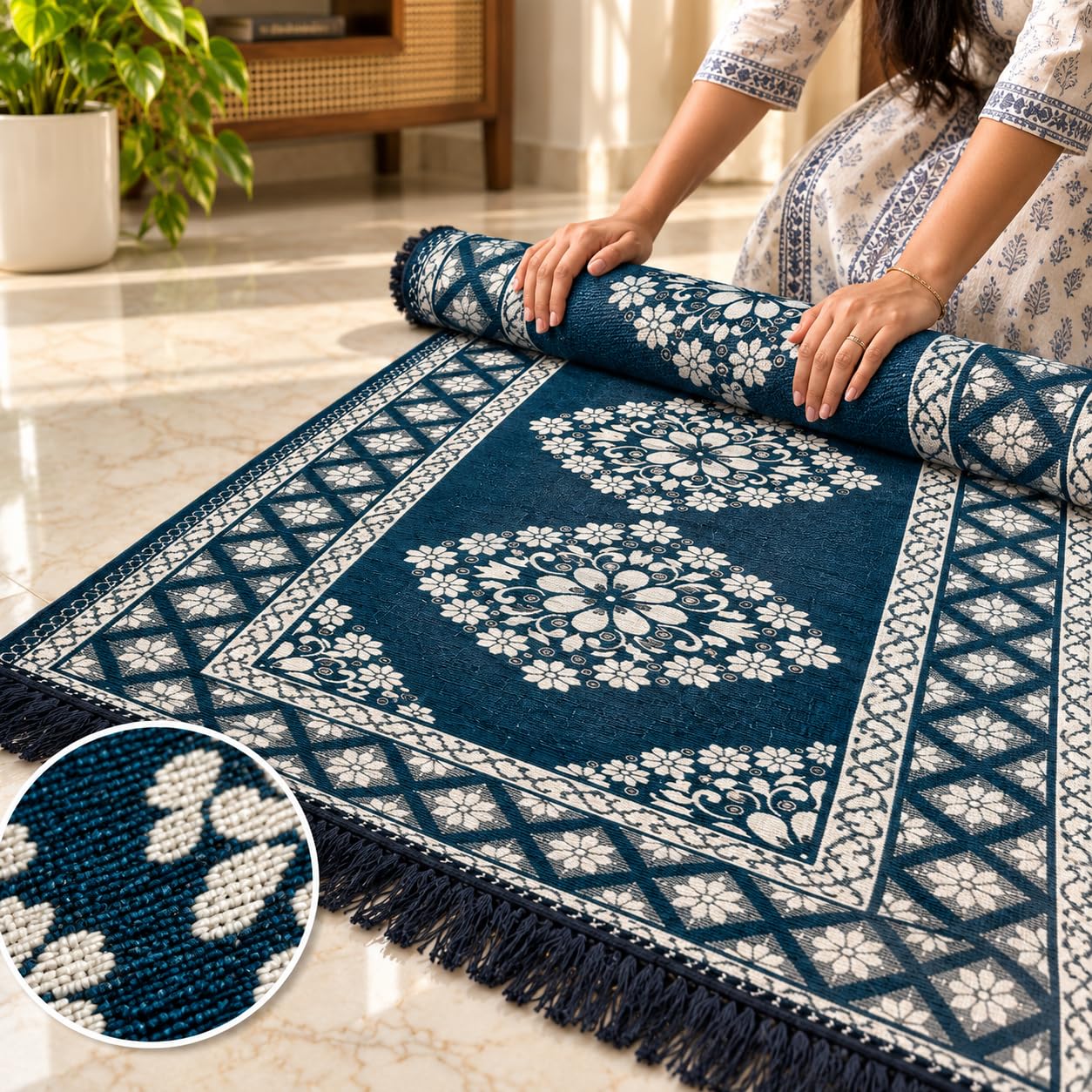 Pure Source India Blue Cotton Yoga Mat for Women and Men, 2X6 feet, 3mm thick, Light Weight, Machine Washable, Home Exercise