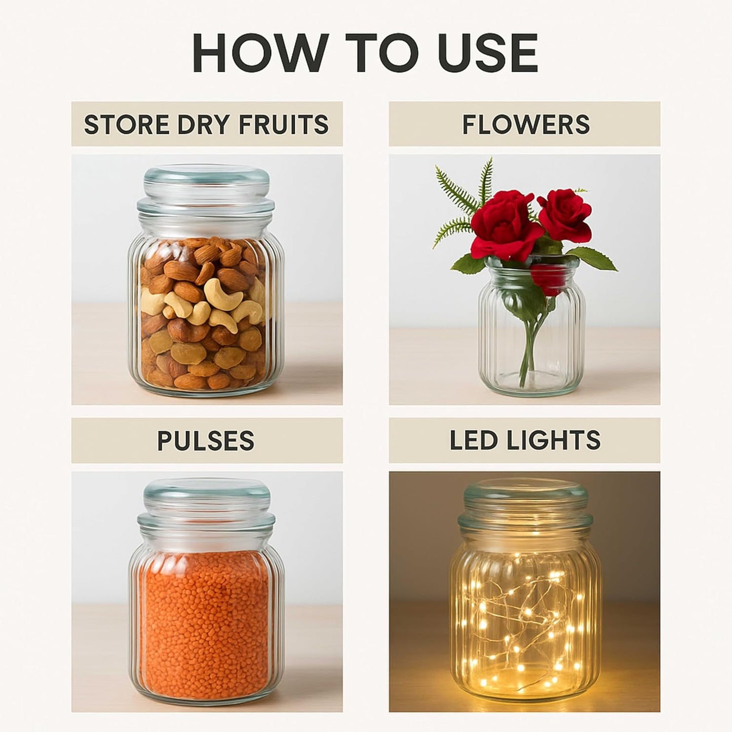 1000ml Glass Storage Jar with Airtight Lid | Kitchen Organizer for Spices, Pickles, Dry Fruits, Sugar & Snacks