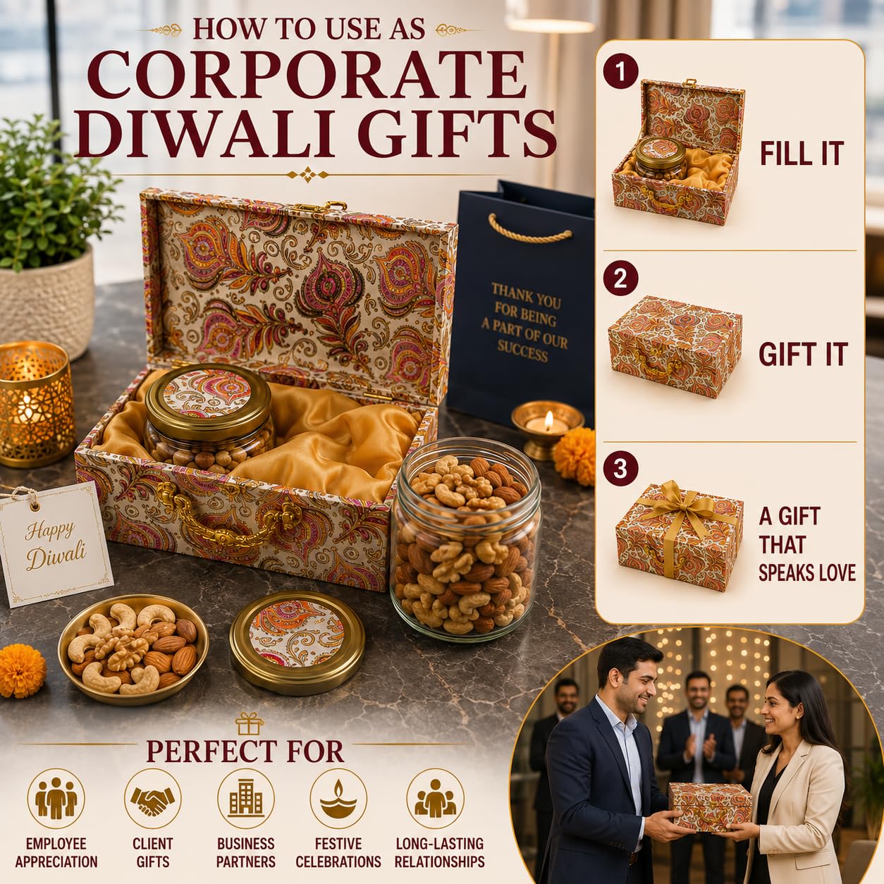 Pure Source India Empty Dry Fruit Gift Box with 2 Airtight Glass Jars | Luxury Hamper Box with Satin Lining | Reusable for Dry Fruits, Wedding, Diwali, Rakhi & Corporate Gifts