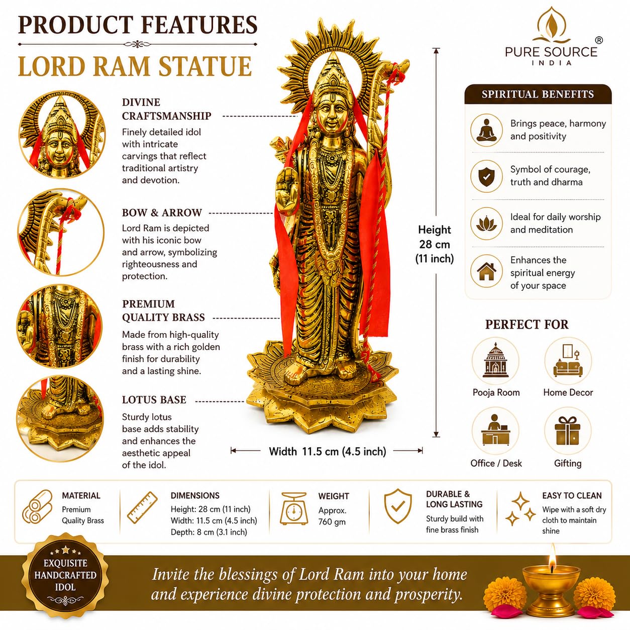 12 Inch Brass Lord Ram Idol Statue | Premium Handmade Ram Murti for Home Temple, Pooja Room, Office Desk & Gifting | Religious Decorative Showpiece