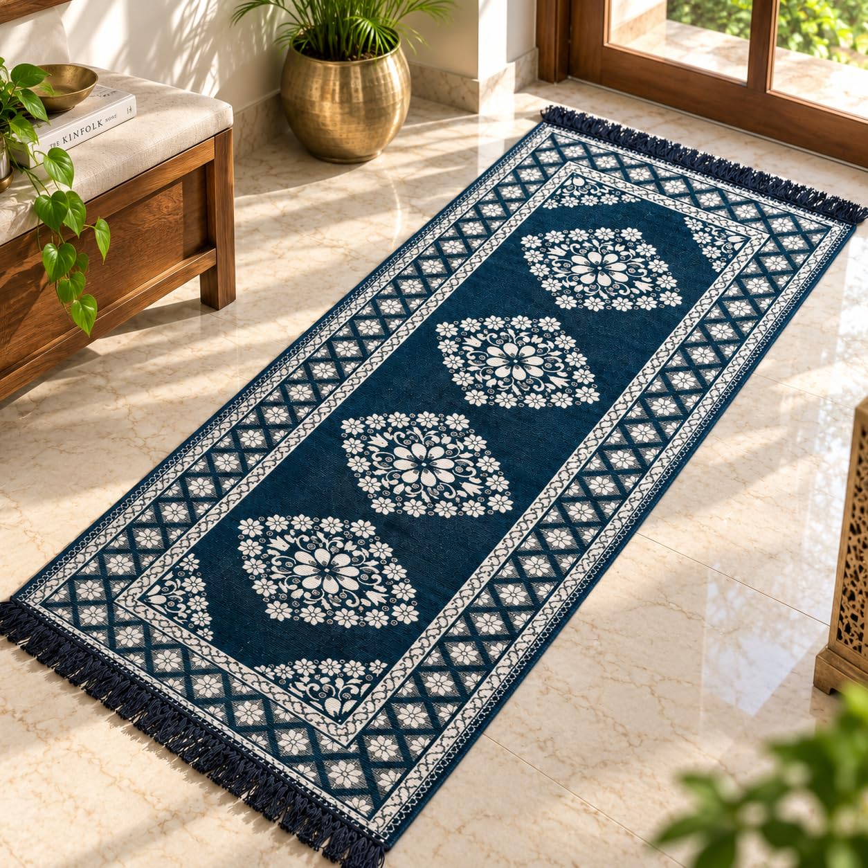Pure Source India Blue Cotton Yoga Mat for Women and Men, 2X6 feet, 3mm thick, Light Weight, Machine Washable, Home Exercise