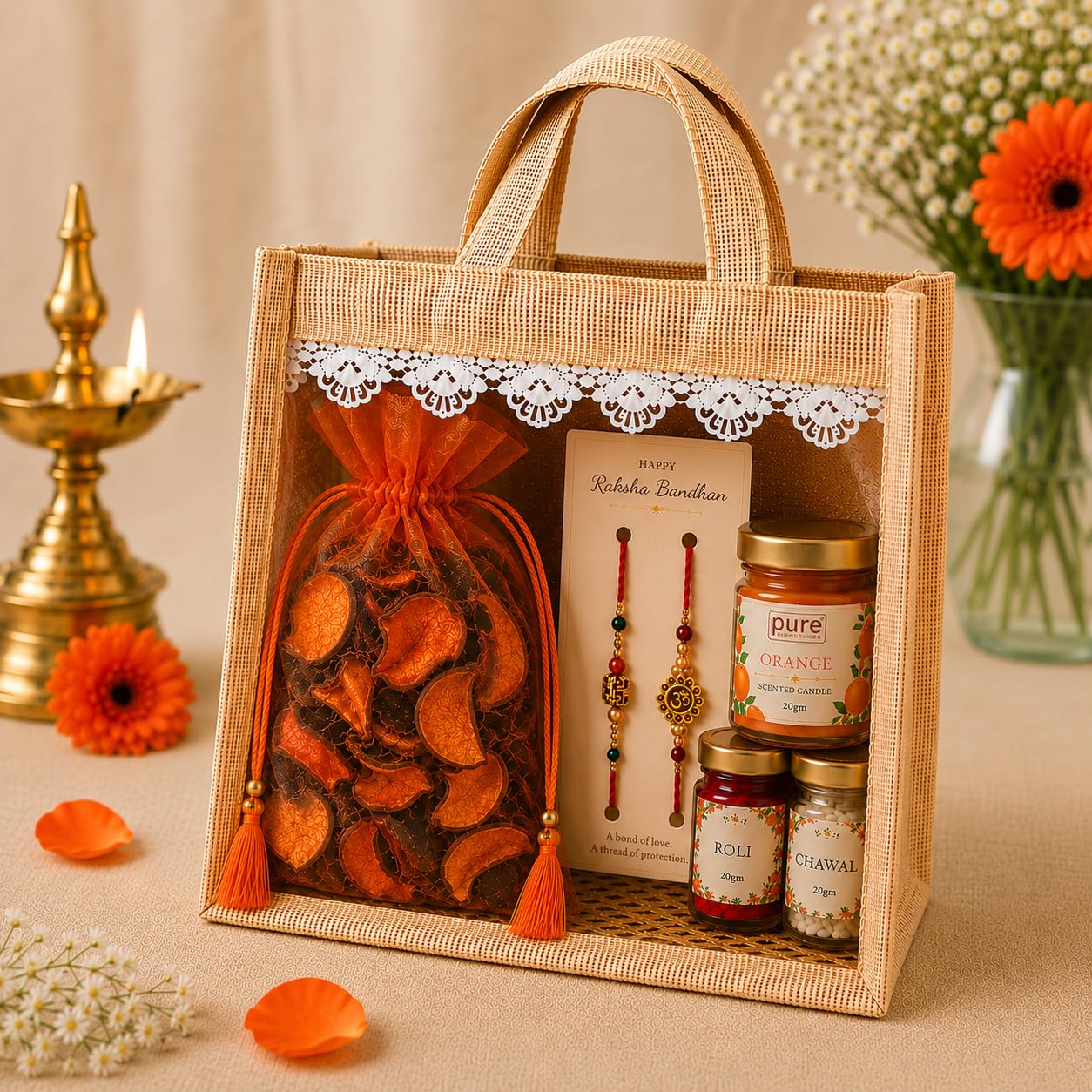 Pure Source India Raksha Bandhan Gift Hamper for Brother | Premium Jute Gift Bag with 2 Designer Rakhi, Mandarin Scented Candle, Pink Potpourri, Roli & Chawal