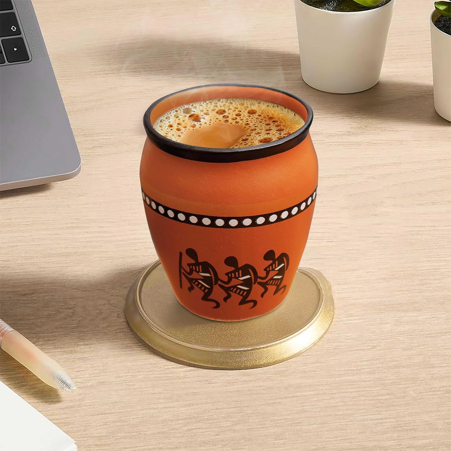 Pure Source India Terracotta Clay Cups 150ml– Handcrafted Kulhad Style Tea Glasses with Tribal Art Design for Tea, Coffee, Milk, or Décor