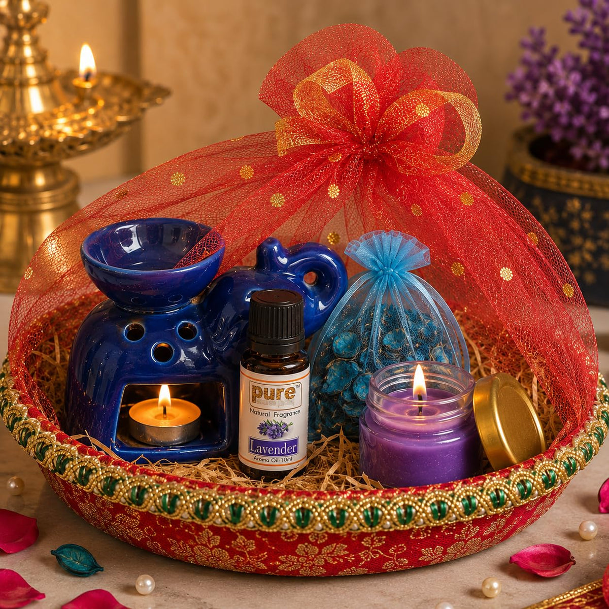 Pure Source India Diwali Gift Set with Blue Elephant Aroma Burner, Aroma Oil, Scented Candle & Potpourri Potli | Festive Home Fragrance Gift Hamper