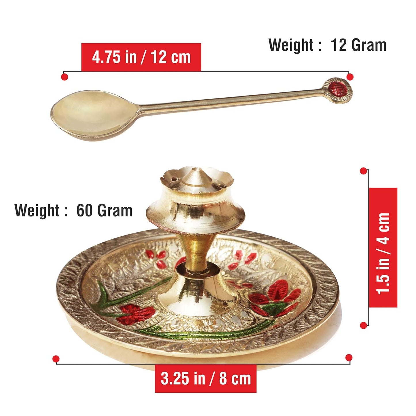 Flower Embossed Colourful Meenakari Decorated Premium Brass Pooja Thali Set with Red Velvet Box, Festival Religious Return Gift Item