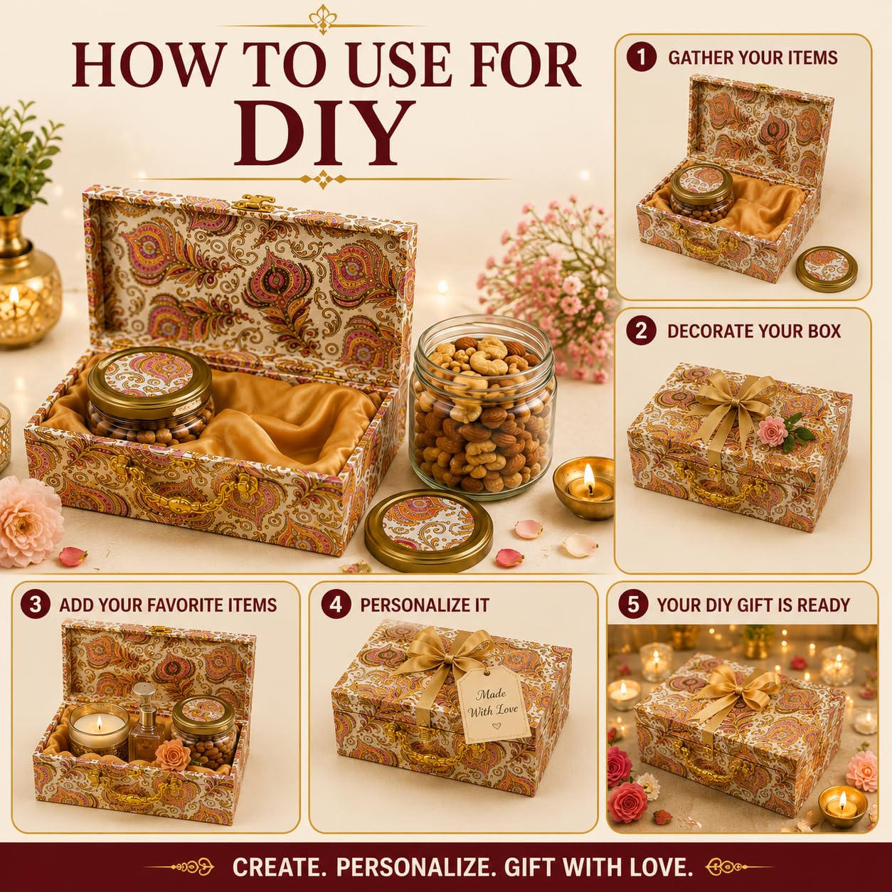 Pure Source India Empty Dry Fruit Gift Box with 2 Airtight Glass Jars | Luxury Hamper Box with Satin Lining | Reusable for Dry Fruits, Wedding, Diwali, Rakhi & Corporate Gifts
