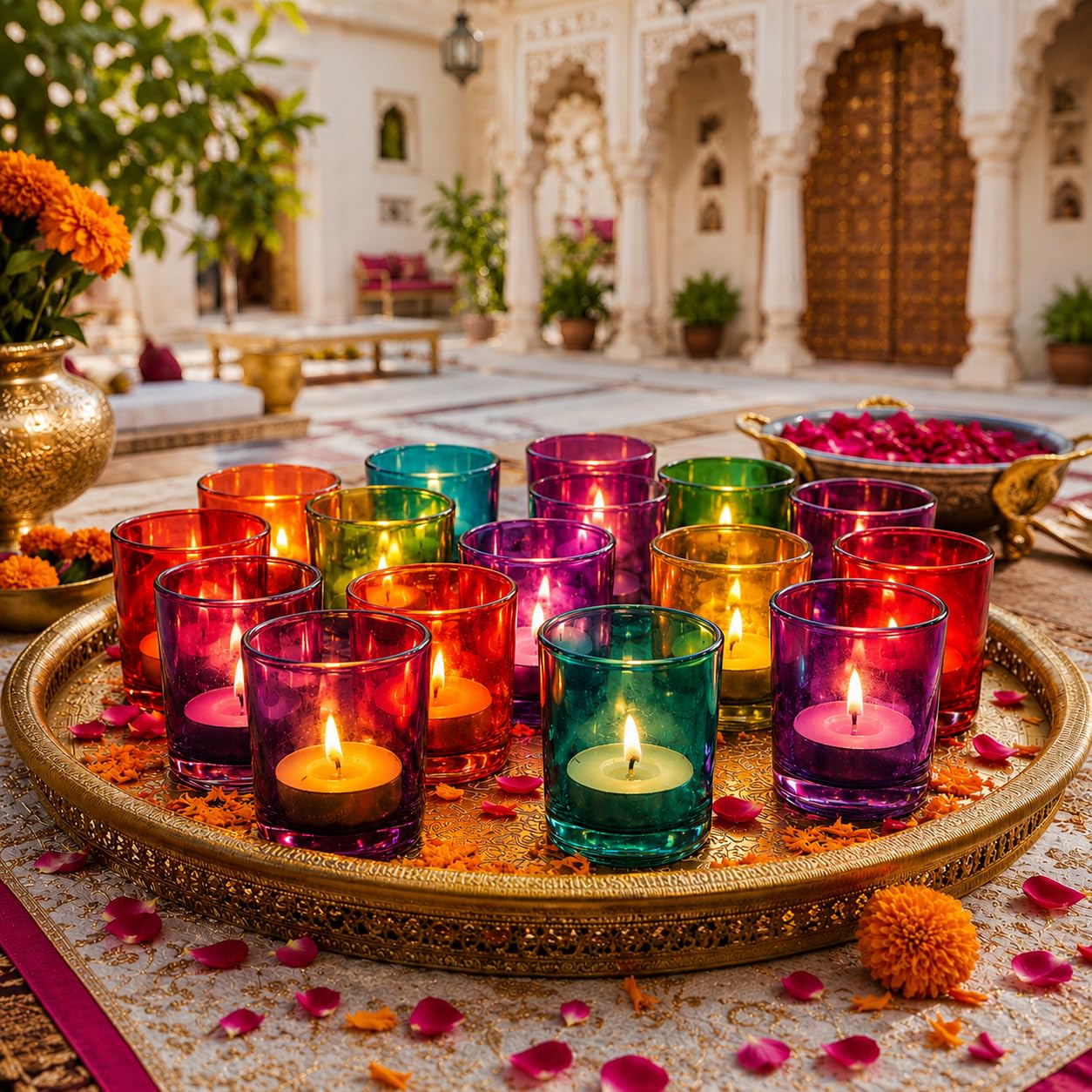 Pure Source India Pack of 16 Multicolour Glass Tealight Candle Holders - Votive Holders for Diwali Decoration, Home Decor, Christmas & Gifting - Vibrant Festive Glass Votives for Tea Lights