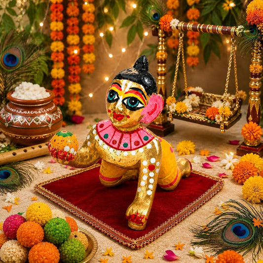 Pure Source India Multicolor Brass Laddu Gopal Idol | Hand-Painted Bal Gopal Krishna Murti for Pooja, Home Temple & Decoration